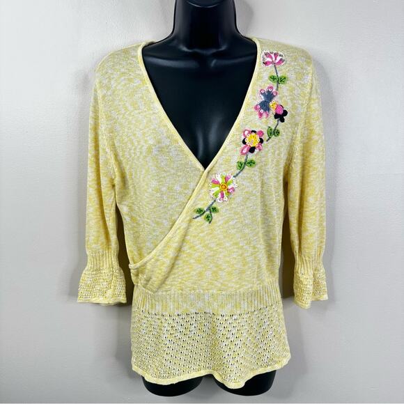 Versace Jeans Couture Vintage Shirt Butter Yellow Floral  Embroidered Knit Top L - Picture 1 of 8